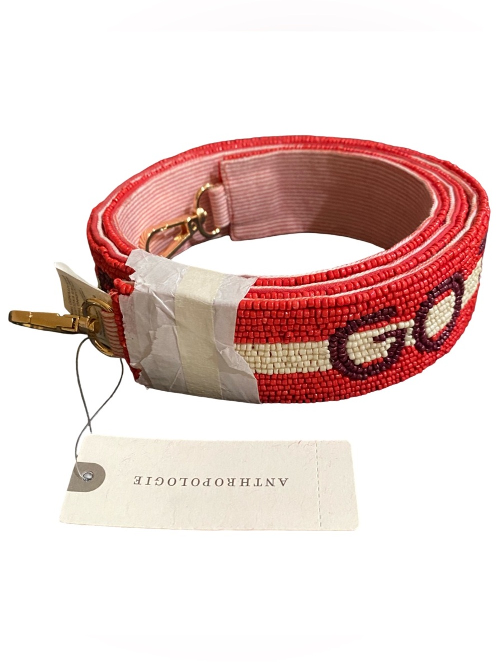Anthropologie GO TEAM Beaded Bag Strap 45" Red White Shoulder Crossbody Fan NWT